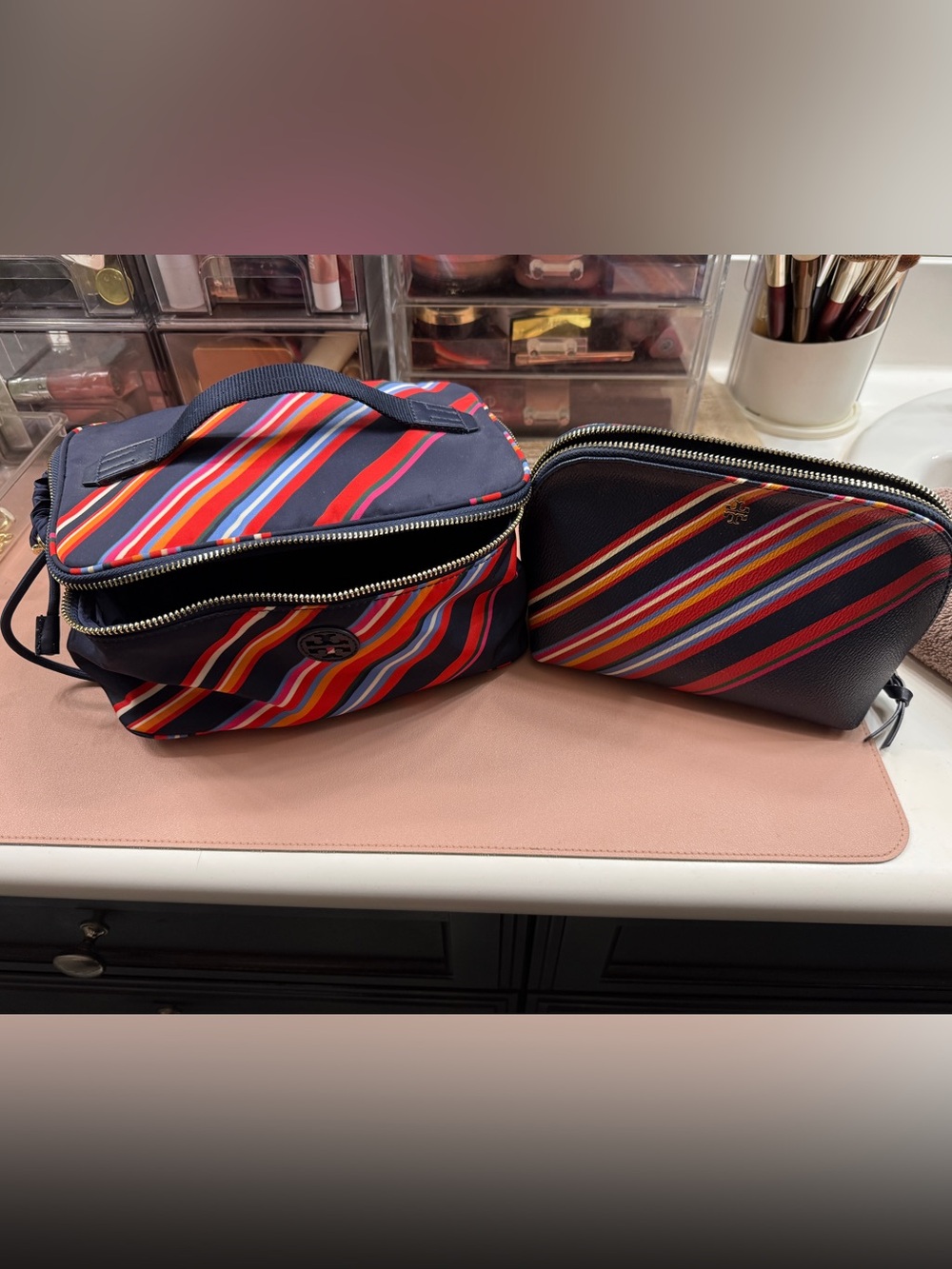 Tory Burch Navy Toiletry Pouch with Multicolor Stripes